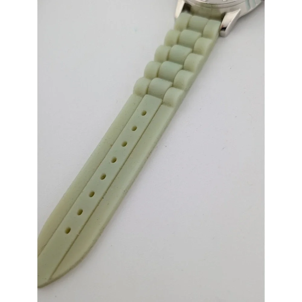 Geneva Watch Women 36mm Silver Case Light Green Silicone Band- New Battery